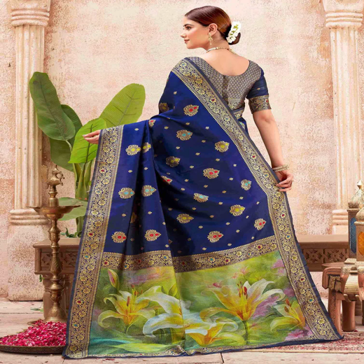 Blue Silk Woven Banarasi Saree - Image 4