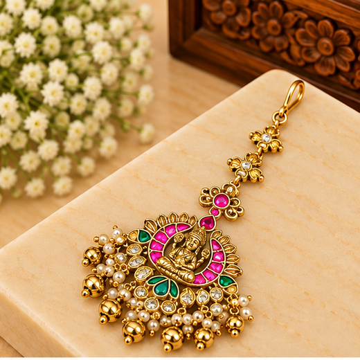 Jadau Kundan Finishing With Lord Lakshmi Design With Golden Balls Maang Tikka - Image 2
