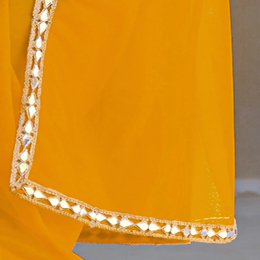 Yellow Net Mirror Work Lace Saree - Image 3