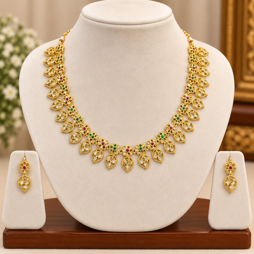 Matte finishing Leaf designed with Multi-Stones Short Necklace - Image 3