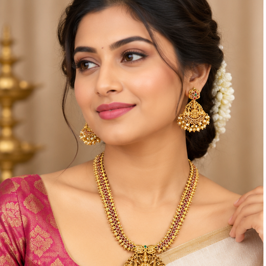 Matte finishing lord Lakshmi pendent with small stones long Haram - Image 2