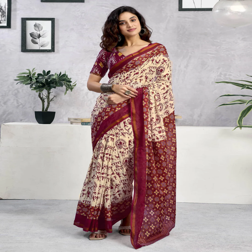 Ready To Wear Beige Cotton Printed Saree