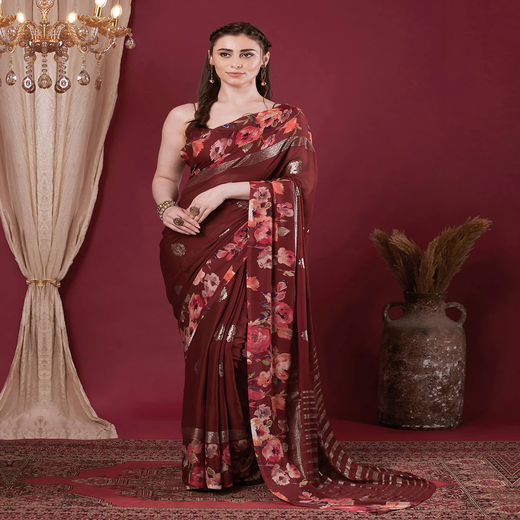 Maroon Georgette Floral Printed Saree