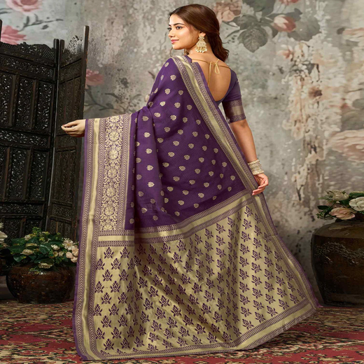 Purple Silk Woven Banarasi Saree - Image 4