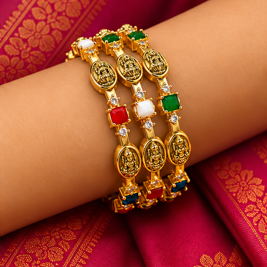 Matte Finishing Lakshmi Navaratna Block Stone Bangle Colored CZ Stones - Image 4