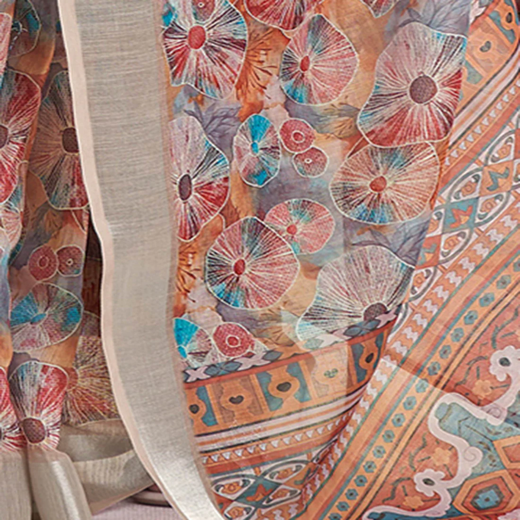 Ready To Wear Light Brown Linen Woven Border Printed Saree - Image 3