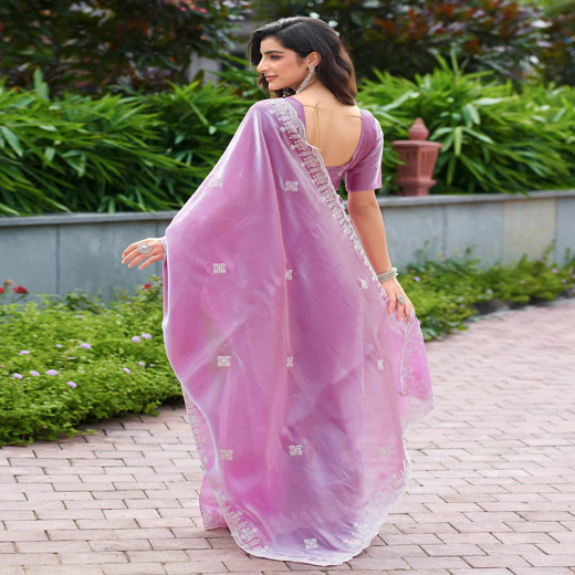 Light Pink Shimmer Sequence Embroidery Saree - Image 4