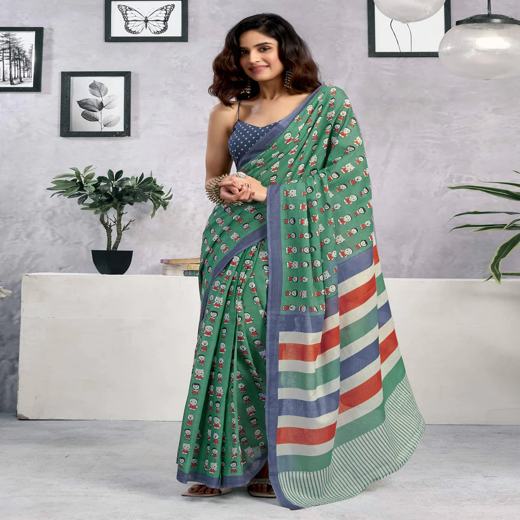 Ready To Wear Teal Green Cotton Printed Saree