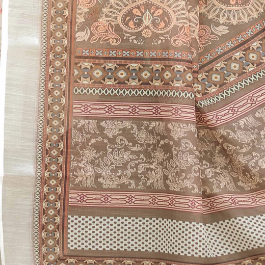 Cream Linen Printed Saree - Image 3
