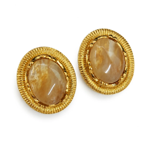 Vintage Grey trapiche Moissanite Stone carved gold-tone clip-on earring - Image 4
