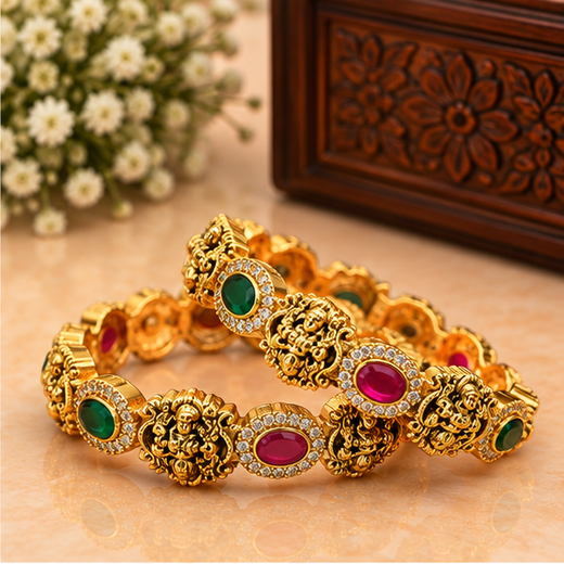 Matte Finishing Lord Lakshmi With Multi-Stones Bangle - Image 2