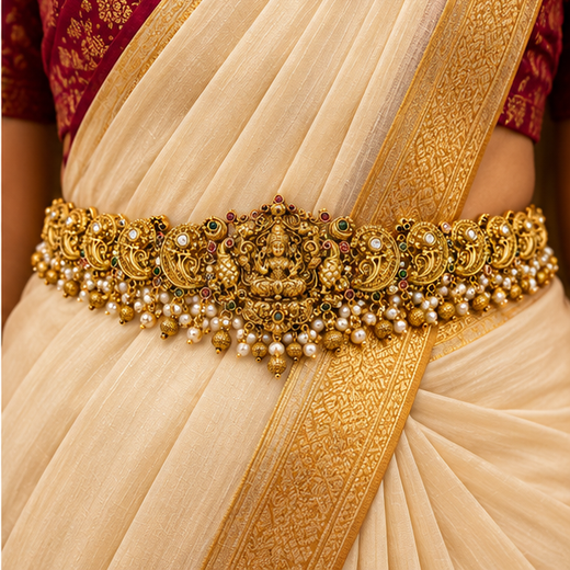 Matte Finishing Lord Lakshmi Peacock And Pearls Chain Vaddanam - Image 4