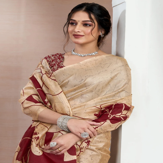 Beige Bhagalpuri Silk Printed Saree - Image 2