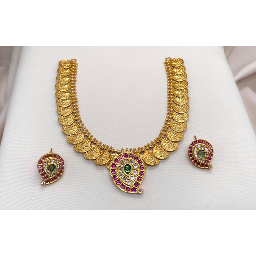 Gold Short Necklace with Lakshmi Devi Pendant | Artificial Jewellery