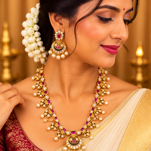 Long Gold Necklace with White Pearls | Artificial Jewellery - Image 2