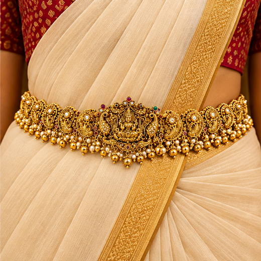Nakshi Finishing With Lord Lakshmi And Flower Designed Chain Vaddanam - Image 4