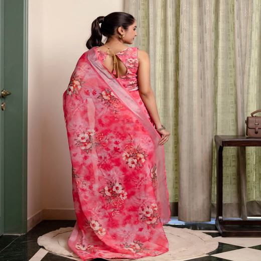Ready To Wear Red Linen Woven Border Printed Saree - Image 4