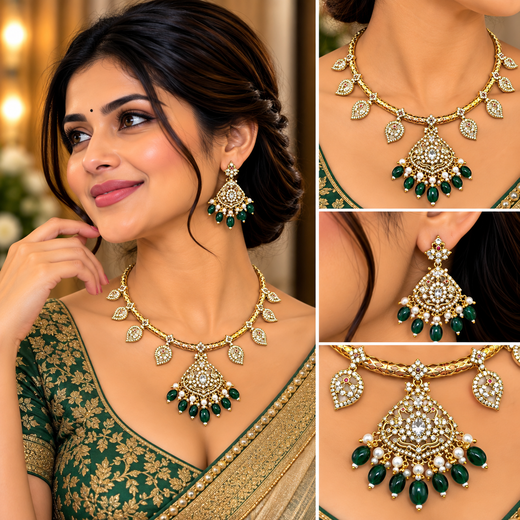 Matte finishing mango design with Green drop Beads (Kanti) Necklace - Image 4