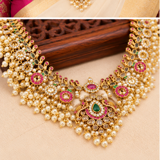 Matte finishing features intricate Kundan work pearl beads Long Harman - Image 3