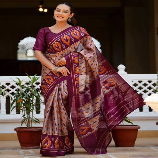 Purple Khadi Ikkat Printed Saree