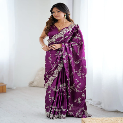Dark Purple Satin Sequence Embroidery  Saree - Image 2