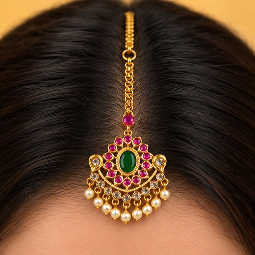 Matte Finishing Pink Stones And Pearl Dop Maang Tikka - Image 4