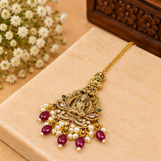 Matte Finishing American Diamonds Lord Lakshmi Red Beads Maang Tikka - Image 2