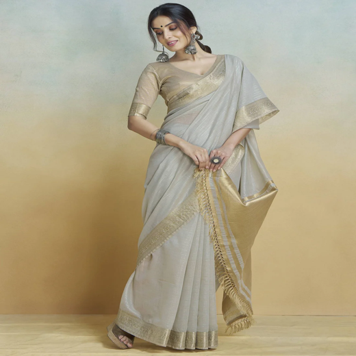 Grey Cotton Woven Zari Stripe Saree