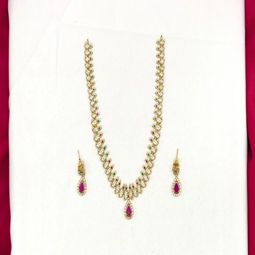 Matte finishing American Diamond with Pink Stone Short Necklace