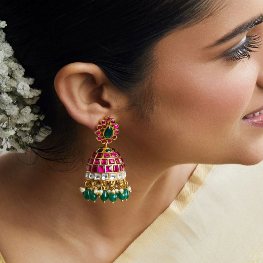Kemp jhumka ruby, green, and white stones with pearl drops earrings - Image 3