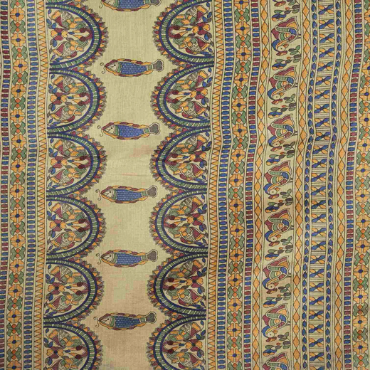 Beige Cotton Blend Madhubani Printed Saree - Image 3