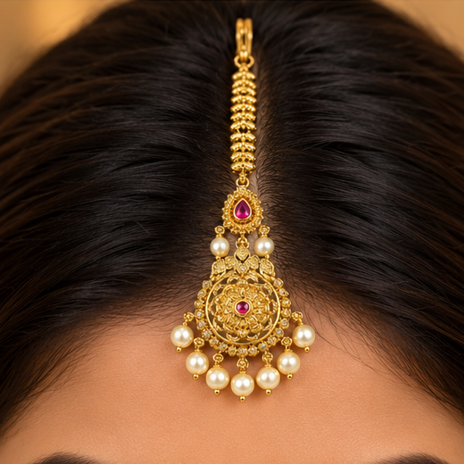 Matte Finishing Flower Design With Pink Stone Maang Tikka - Image 4