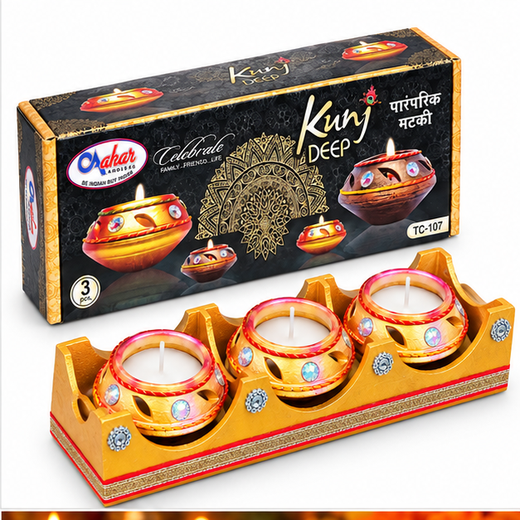 3pc Kunj Deep Mutki Decorated Diya With Decorated Wooden Tray Gift Pack (Box Size: 12.5*4.5 Inch) (TC-107) 🕯️🎁 - Image 3