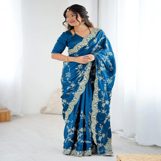 Teal Blue Satin Sequence Embroidery  Saree