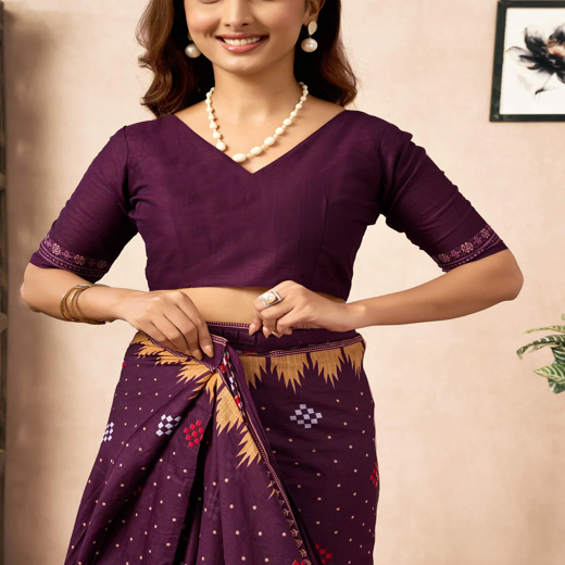 Shweta Tiwari Plum Wine Ready To Wear Cotton Saree - Image 2