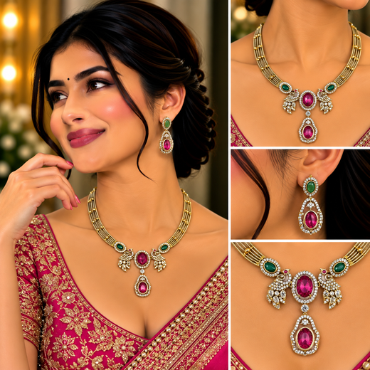 Victorian finishing peacock design with Red stones Short Necklace - Image 4
