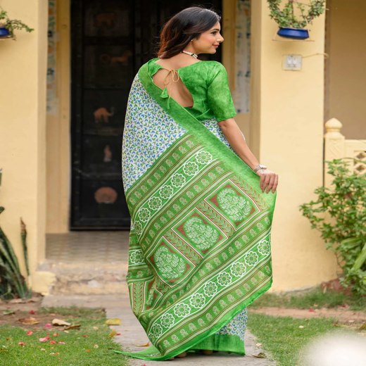 Off White Khadi Printed Saree - Image 4