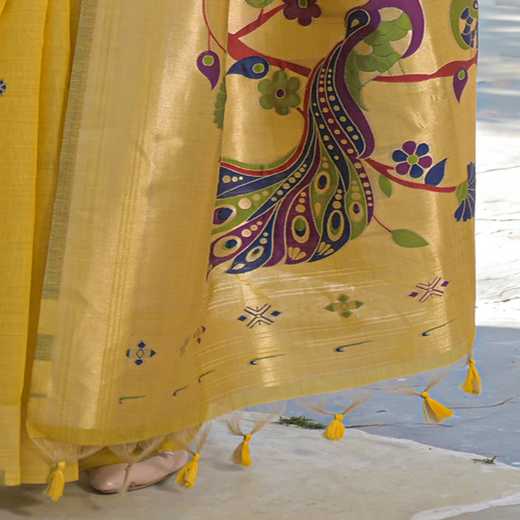 Yellow Cotton Woven Paithani Saree - Image 3