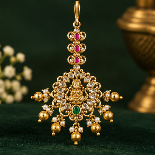 Matte Finishing White Stones With Golden Balls Maang Tikka - Image 4