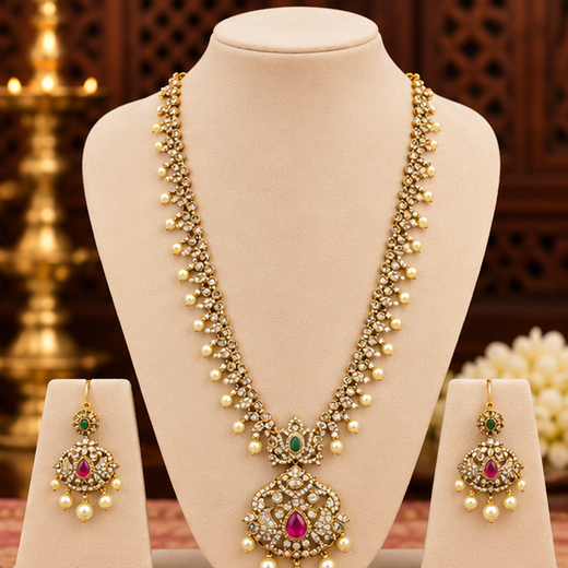 Matte finishing American Diamonds with ovals shape Long Haram Necklace