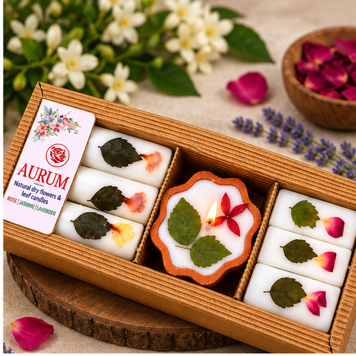 Fragrance Candle With Flowers & Leaf Decoration (Pack of 7 Piece) 🕯️