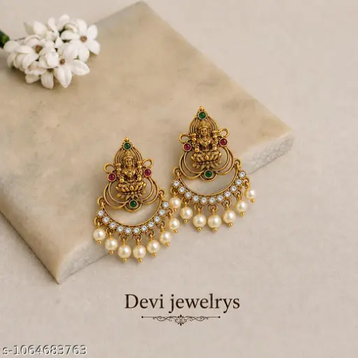 Matte Finishing Lord Lakshmi Beautifully Added White Pearls Earring