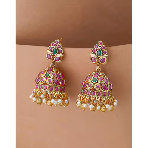 kempu jhumka white (American Diamond) stones, accented with delicate pearl drops Earrings - Image 2