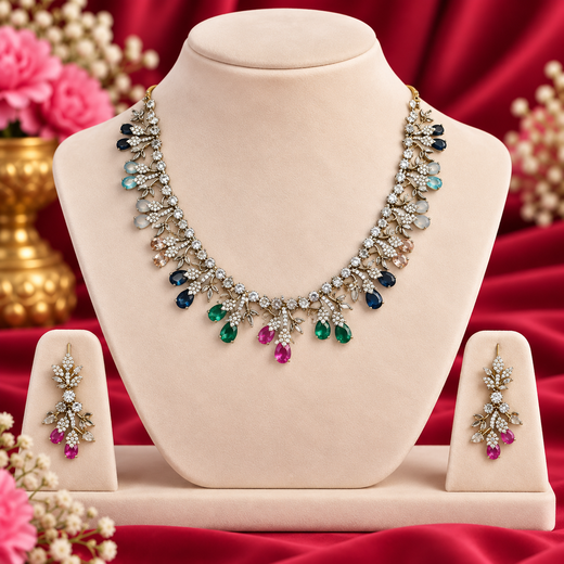 Mehndi finishing Leaf Designed Multi -Stones Short Necklace