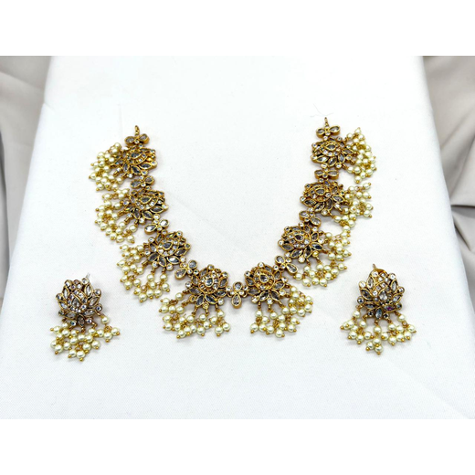 Gold finishing Flower Designed White Stones Short Necklace