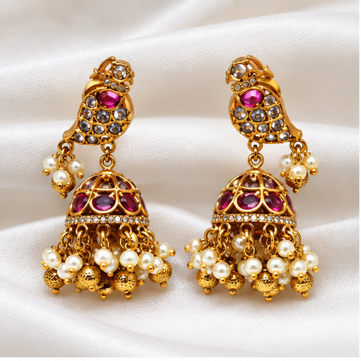 Matte Finish American Diamond Stones And Pearls Bird Design Jhumka Earrings
