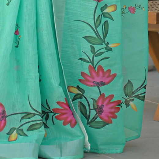 Light Turquoise Linen Floral Printed Saree - Image 3