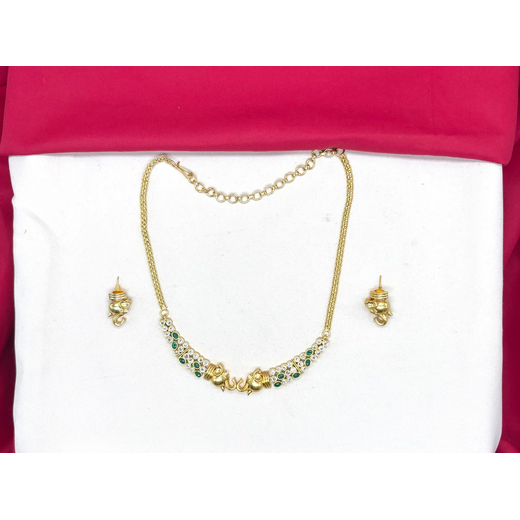 Matte finishing with green and white stones Elephant designed Short Necklace