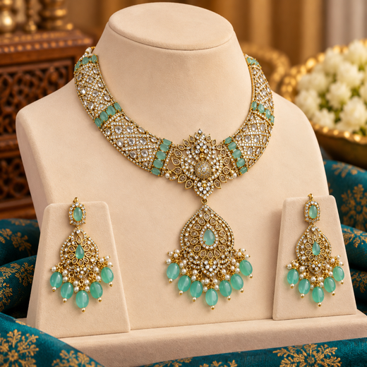 Mate finishing peacock with Mint-Green stones Short Necklace - Image 3