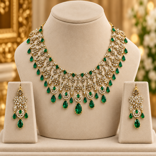 Premium matte finish American Diamonds flower design with Green Stones Short Necklace